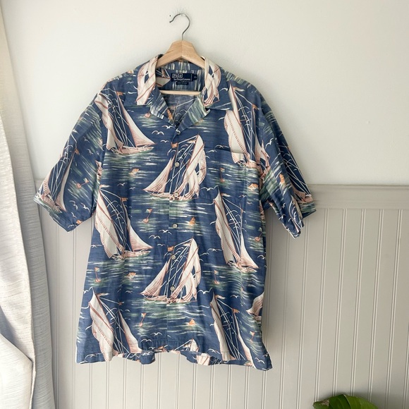 Ralph Lauren Other - Vintage Polo Ralph Lauren Sailboat-Print Camp Shirt XL Cotton Blue Nautical